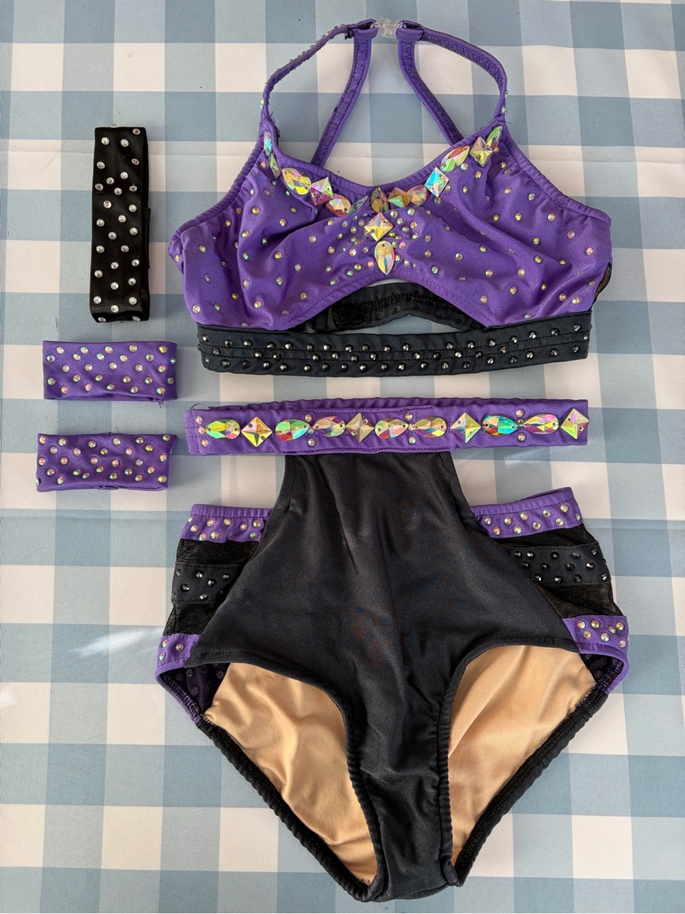 Girls Purple and Black Glamour Dance Costume Set with Rhinestones